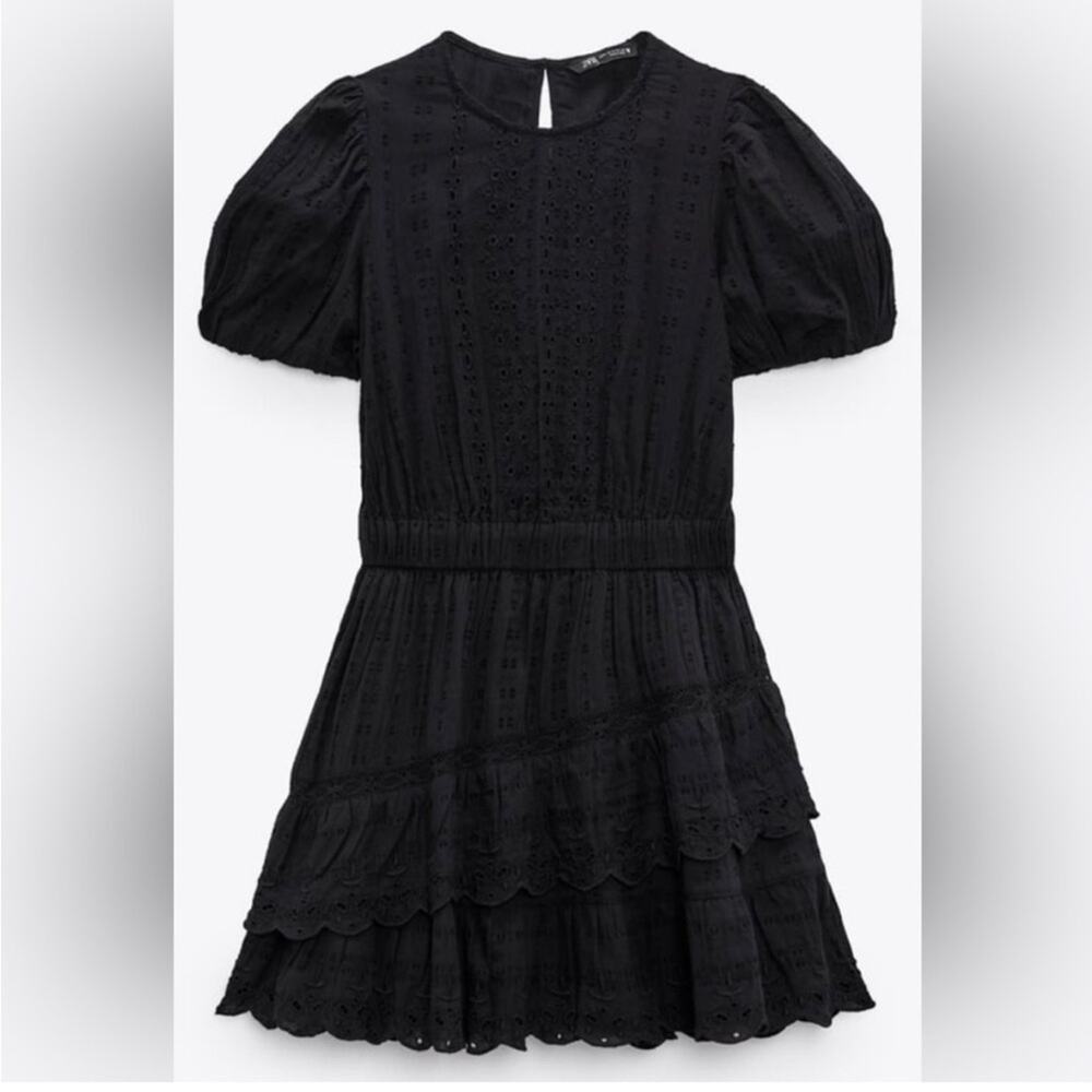 Zara Embroidered Lace Eyelet Puff Sleeves Tiered Black Mini Dress Size Large